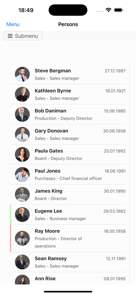 Nano Employee Timesheet - A list of employees with names job titles and profile pictures in the Nano Employee Timesheet app