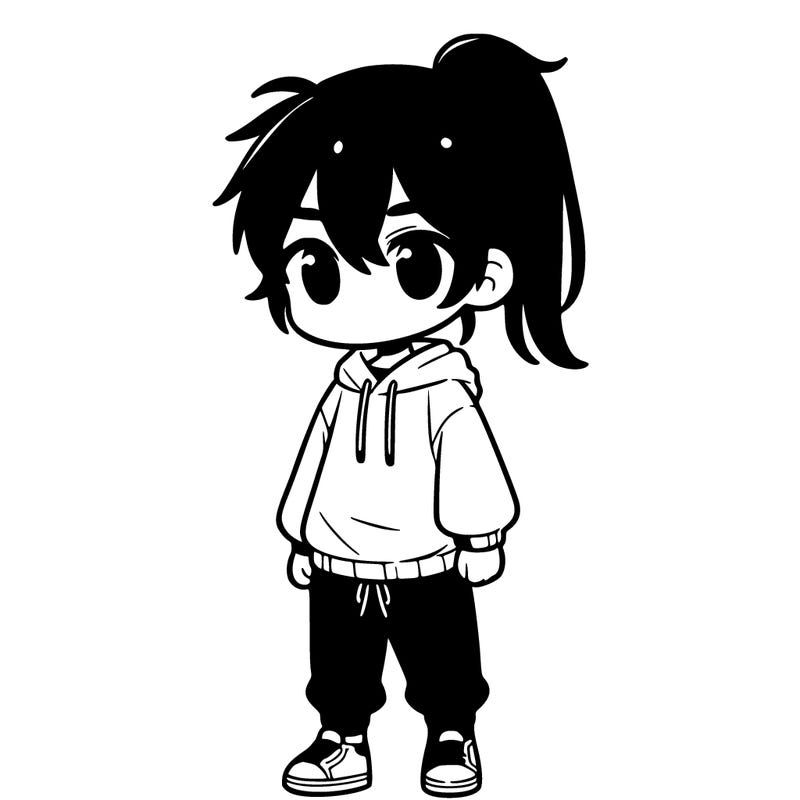 a boy with long black hair tied in a ponytail and blue eyes is dressed in a white sweatshirt and black trousers