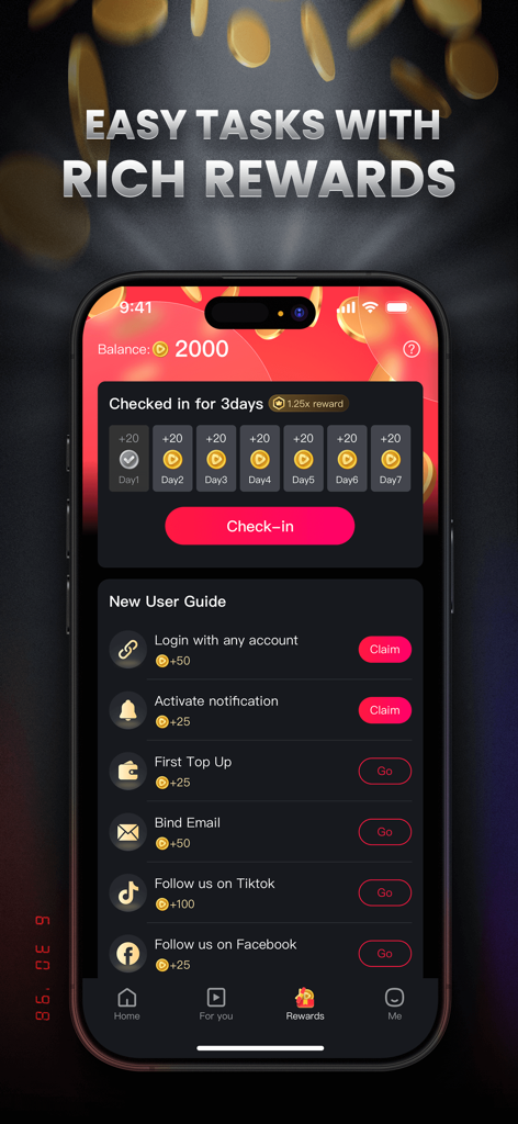 ZeroShort app rewards screen showing daily check-in and a list of tasks for earning coins.