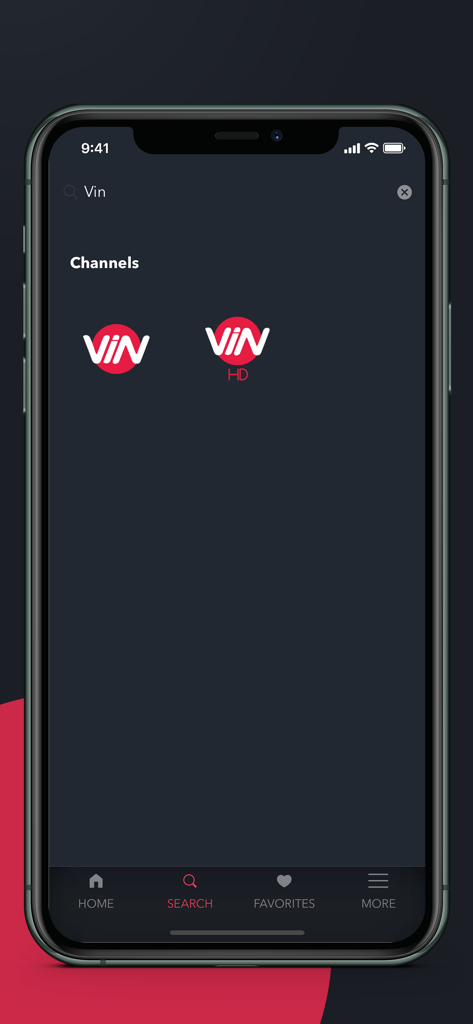 MyTV plus app search interface showing results for Iraqi TV channels like Vin and Vin HD