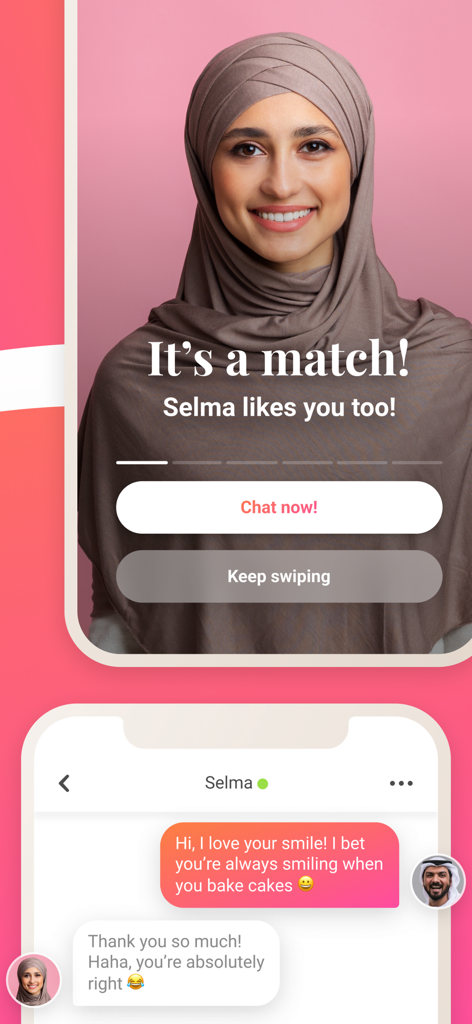 Interface of Soudfa dating app showing a new match notification and a chat message exchange between users