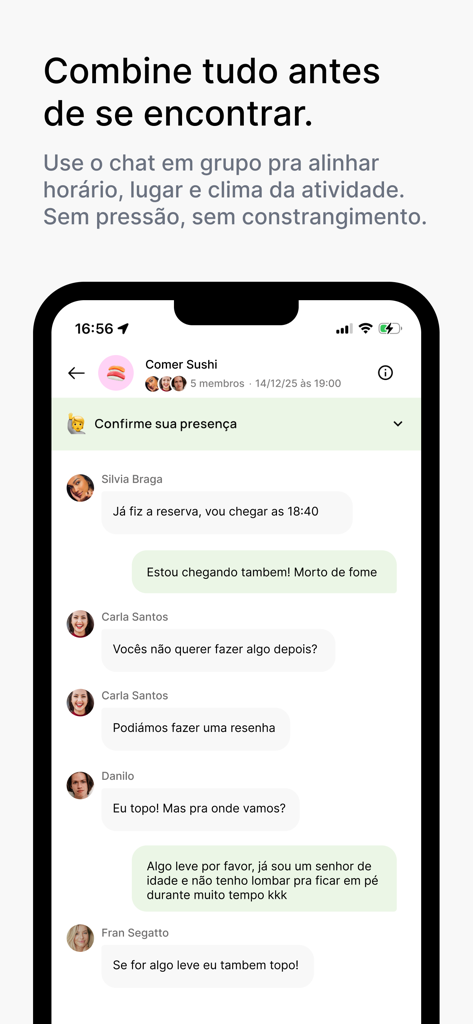 Boora - Una interfaz de chat grupal en la aplicación Boora donde los usuarios coordinan detalles para una actividad social como comer sushi.