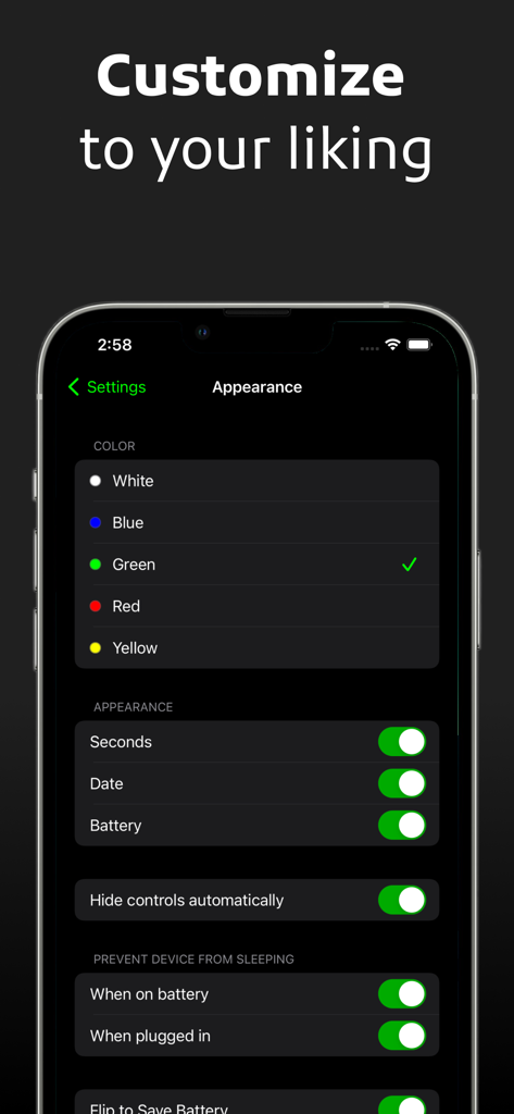 Digital Clock: Night Stand-by - Customization settings screen for Digital Clock showing color and display options