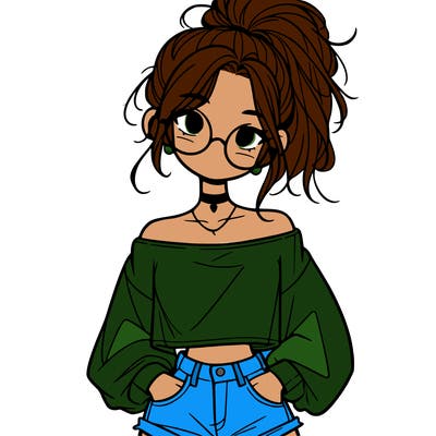 girl with a messy ponytail glasses a baggy crop top and jean shorts