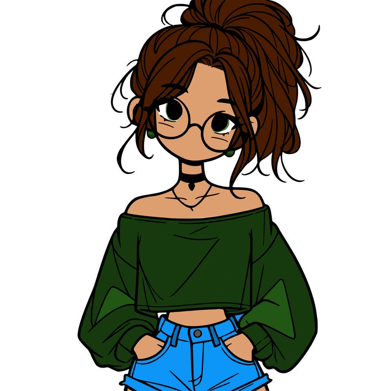 girl with a messy ponytail glasses a baggy crop top and jean shorts
