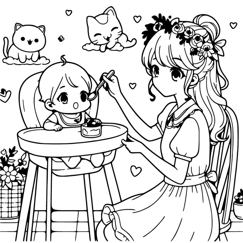 cute anime baby with mother softy style with girl and cat and baby and highchair, while mom is feeding the baby