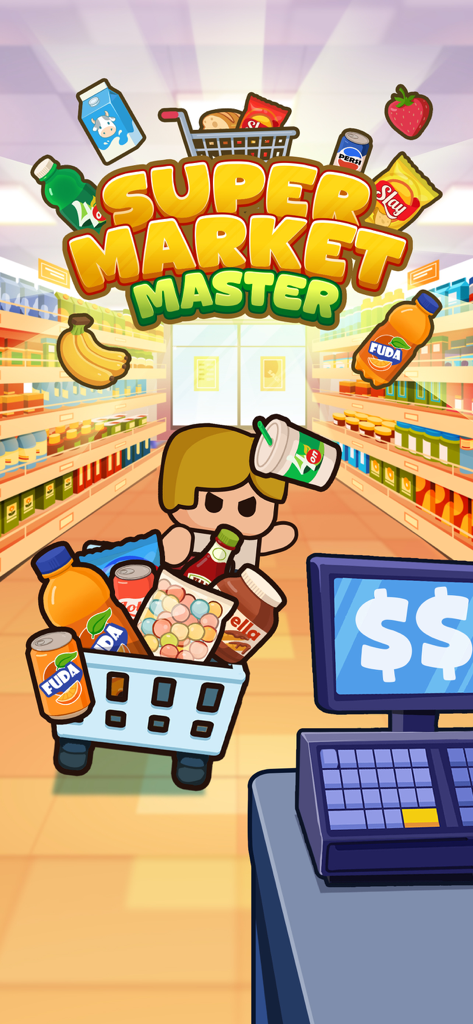 A cartoon character pushes a grocery cart filled with items toward a supermarket cash register.
