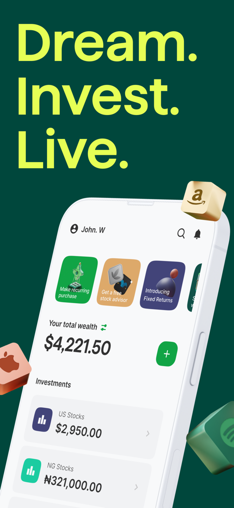 Bamboo app interface displaying a wealth dashboard with US dollar and Nigerian Naira stock portfolios.