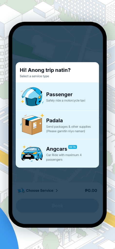 Angkas: Cheap Moto Taxi Rides - Interfaz de la aplicación Angkas con opciones de menú para viajes en mototaxi, servicios de entrega y viajes en coche