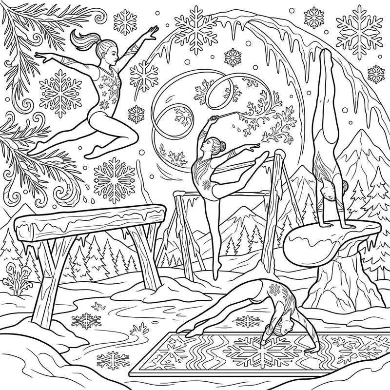 Experience the blend of elite athleticism and frosty charm with this Olympic gymnasts winter wonderland coloring page. Featuring graceful athletes amidst snowflakes and ice, it's perfect for sports enthusiasts and winter lovers.
