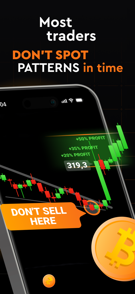 CrypsEye: Crypto AI Analyzer - Interface do aplicativo CrypsEye mostrando reconhecimento de padrões de gráficos de criptomoedas por IA e previsões de resultados de lucro
