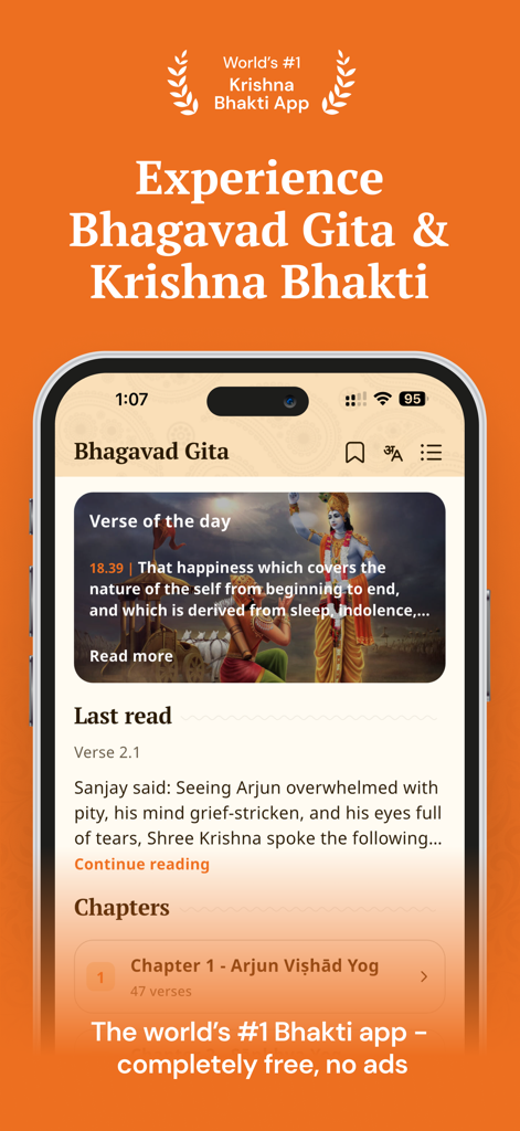 Bhagavad Gita - Krishna Bhakti - The Bhagavad Gita and Krishna Bhakti app interface showing daily verses and chapters on a smartphone.