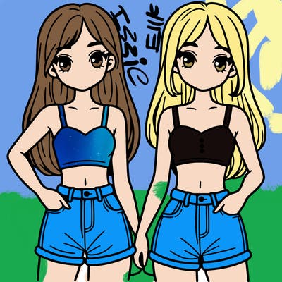 two sisters with crop tops and jean shorts and straight hair