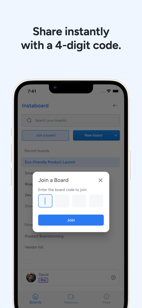 Instaboard: Whiteboard & Plan - Instaboard mobile app interface showing a 4-digit code entry to join a shared whiteboard
