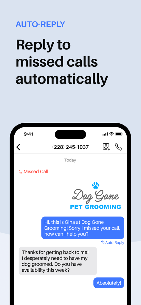 Index app interface showing an automated text message reply to a missed business call