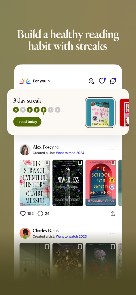 Fable: Track & Discuss Books - Fable app interface showing a reading streak tracker and social feed with book lists