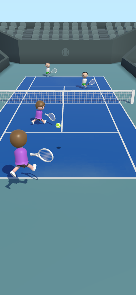 Twin Tennis - Capture d'écran de gameplay d'un match de tennis en double sur un court bleu dans Twin Tennis