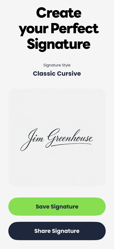 Oberfläche der KI-Signaturgenerator-App, die eine klassische kursive Signatur für Jim Greenhouse mit Speicher- und Freigabe-Schaltflächen zeigt