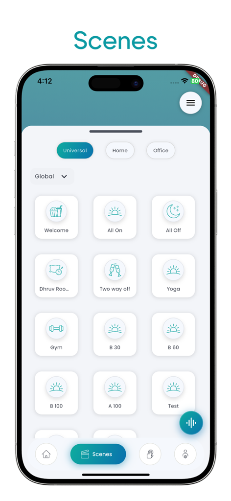 SmartNode Automation - SmartNode Automation app interface showing the Scenes screen with customizable smart home presets including Welcome All On All Off and Gym
