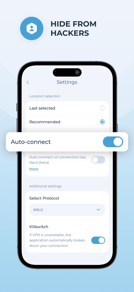 Free VPN Planet app settings interface showing auto-connect and killswitch features to hide from hackers