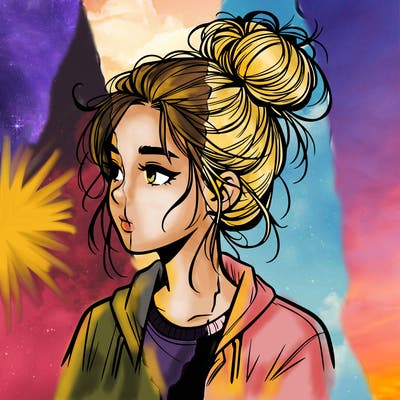 realistic teenage girl with a messy bun