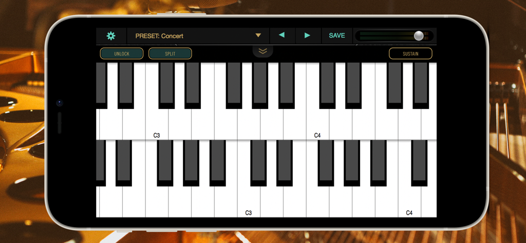 Ravenscroft 275 Piano - Ravenscroft 275 Pianoアプリのインターフェースがスマートフォンに表示され、デュアルティアの仮想キーボードが配置されています。