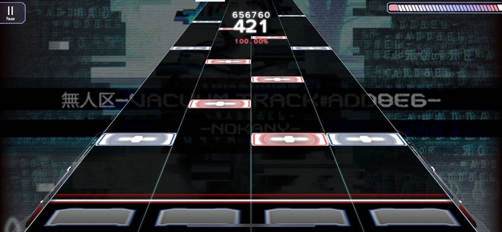 Malody music simulator 4K mode gameplay with falling notes and score counter