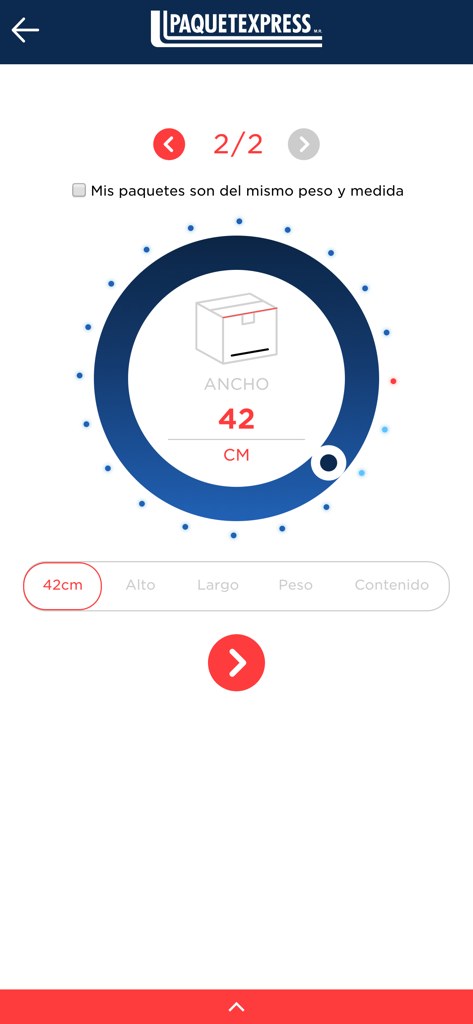 Paquetexpress mobile app interface showing a circular dial to input package width for a shipping quote.