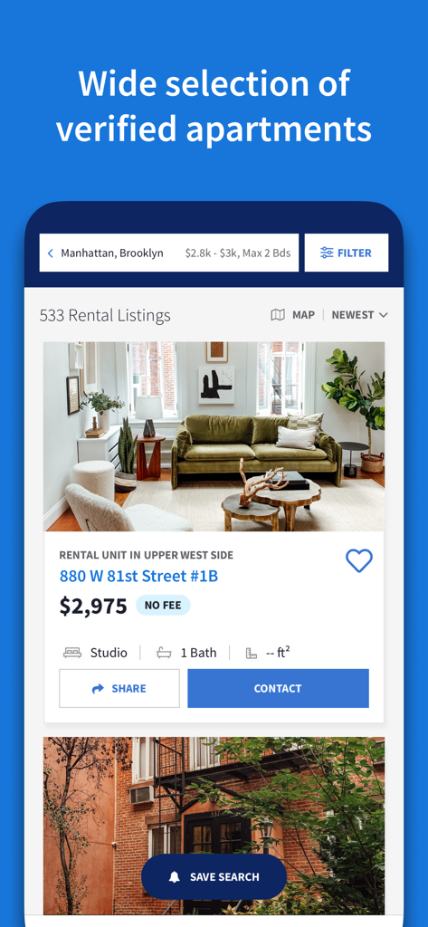 StreetEasy NYC Rentals - StreetEasy NYC Rentals app interface showing a verified apartment listing in the Upper West Side with a no fee tag.