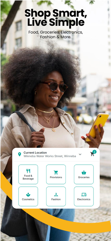 Madingo: Food Delivery & More - Interfaz de la aplicación Madingo que muestra categorías de comida, comestibles, moda y electrónica