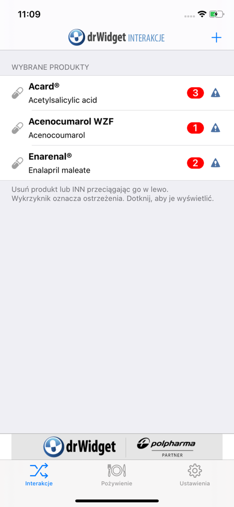 DrWidget Interakcje app interface showing a list of medications with interaction warning icons