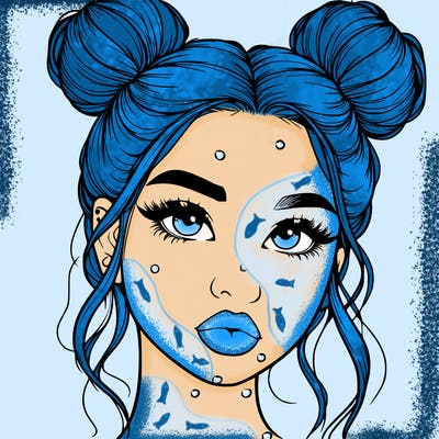 realistic girl with two buns on her hair and lips