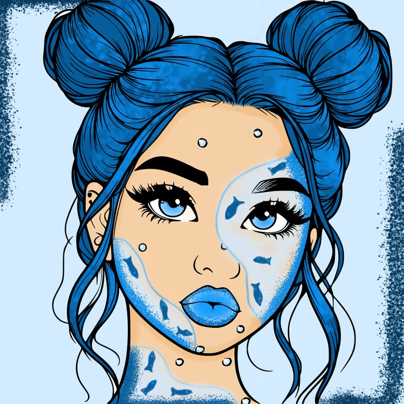 realistic girl with two buns on her hair and lips