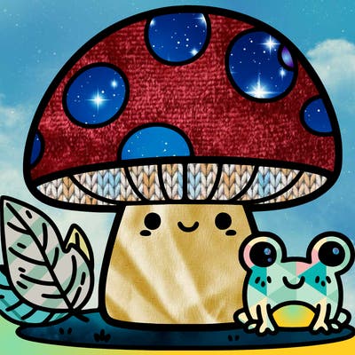 cute mushroom with face and frog