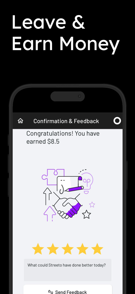 ParkNYC: Street Parking - Streeto app screen showing earnings confirmation of 8.5 dollars and a feedback rating section with stars