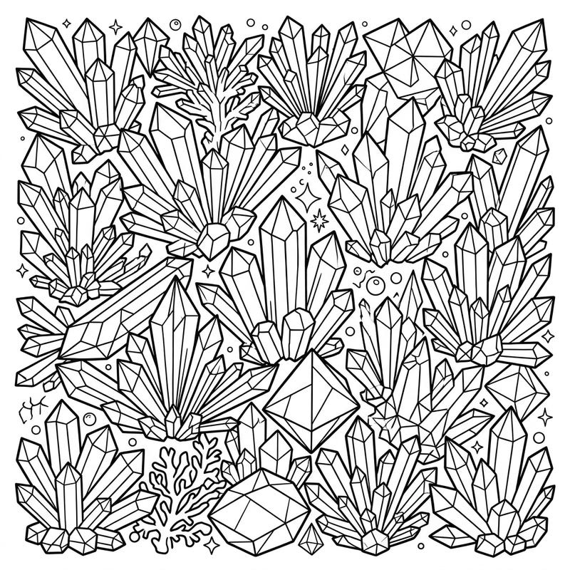 Unleash your creativity with this mesmerizing coloring page featuring a dazzling array of crystal patterns. Explore intricate geometric designs and bring these beautiful facets to life with your favorite colors.