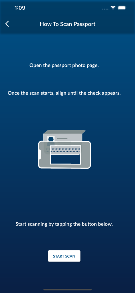 ESTA Mobile - Instruction screen in the ESTA Mobile app explaining how to scan a passport photo page for travel authorization