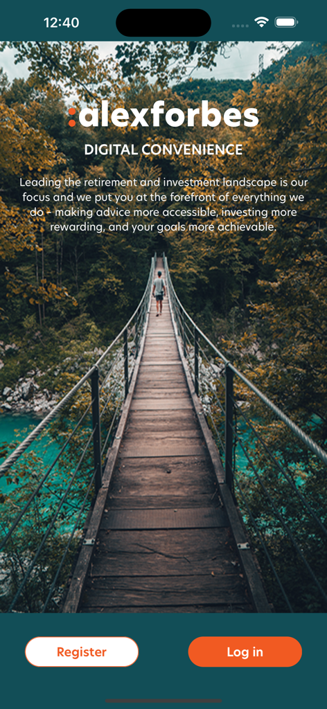 Alexforbes Invest - Alexforbes Invest app welcome screen featuring a person walking on a suspension bridge in a forest with Register and Log in buttons.