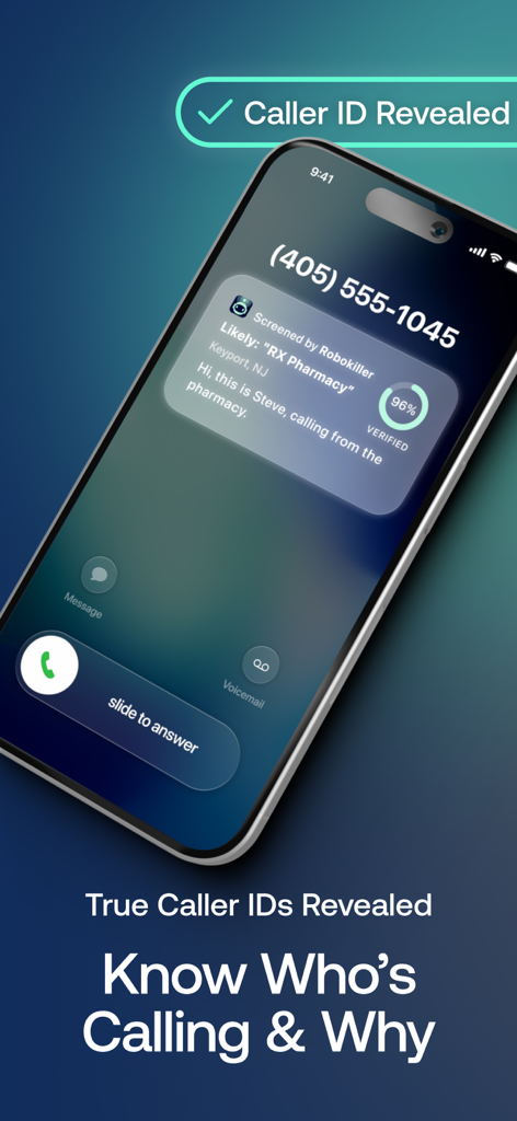 A smartphone screen showing the Robokiller app identifying a verified incoming call from a pharmacy.