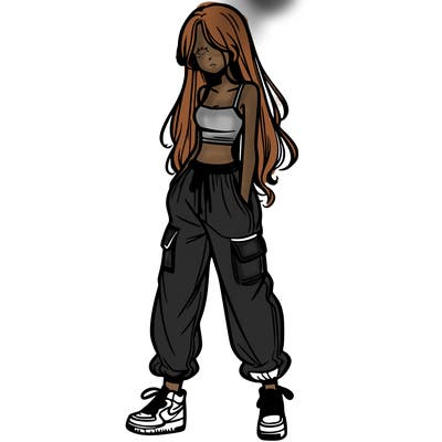 girl in baggy pants crop top and long hair