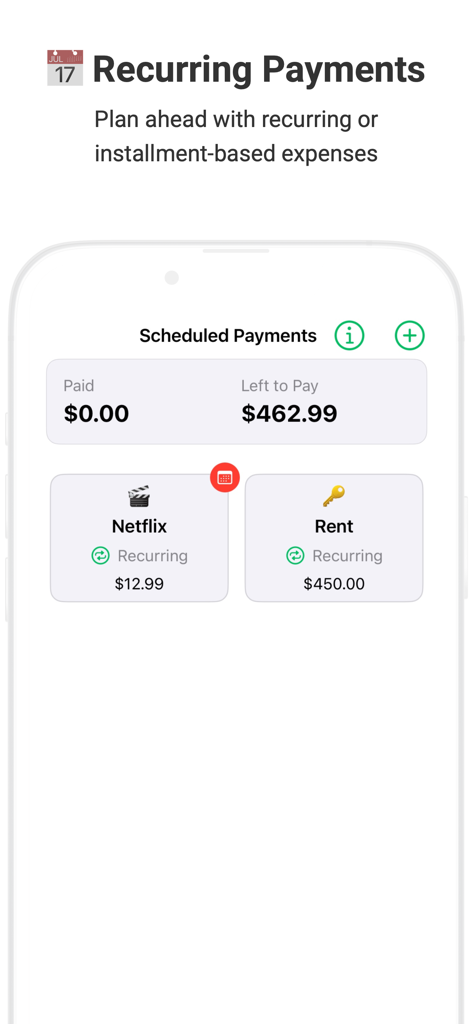 Interfaccia dell'app Trac che mostra i pagamenti ricorrenti programmati per affitto e abbonamenti