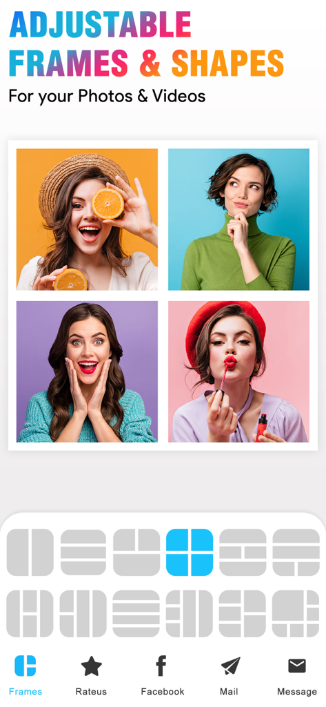 Interface de l'application mobile affichant un collage de 4 photos et diverses options de mise en page pour les photos et les vidéos