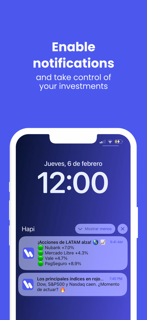 Hapi: Invest in U.S. Stocks - Una pantalla de bloqueo de smartphone que muestra notificaciones de inversión de la aplicación Hapi en español sobre actualizaciones del mercado y precios de acciones