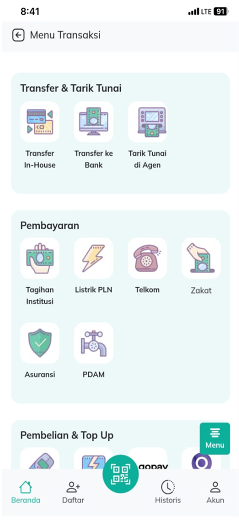 LINK HSI - Transaction menu in the Link HSI app showing options for transfers payments and zakat