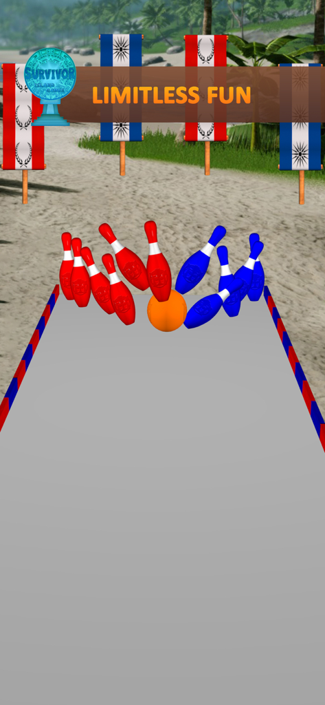 Bowling gameplay in Survivor Duel featuring red and blue pins on a tropical path