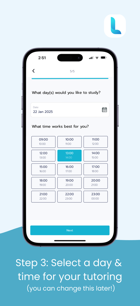 Ling Live 앱, 날짜 및 시간 선택을 통해 태국어 튜터링 세션 예약 화면