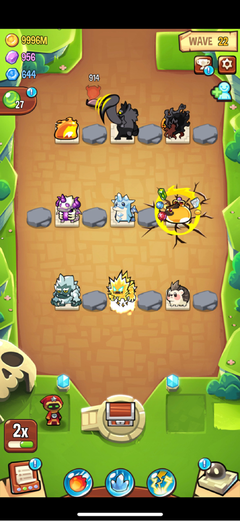 Gameplay of Summoner's Greed showing cute monster towers on a battlefield