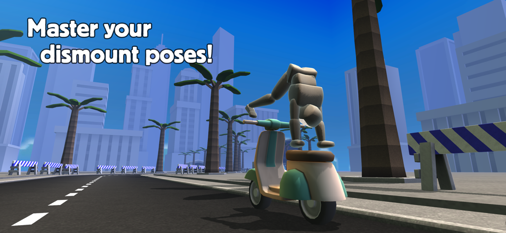Turbo Dismount® - Personaje ragdoll haciendo el pino en una patineta en una calle de la ciudad.