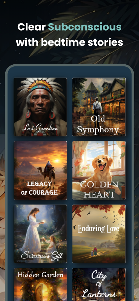 Sakun: Sleep Realms & Calm - Griglia di copertine di storie della buonanotte fantasy nell'interfaccia dell'app Sakun per dormire