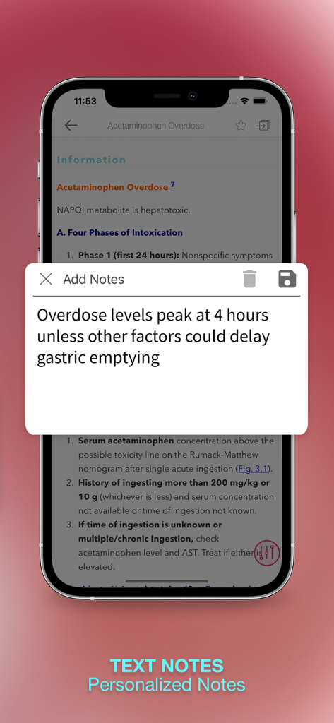 Screenshot of the Harriet Lane Handbook app showing the personalized text notes feature on an acetaminophen overdose clinical entry.